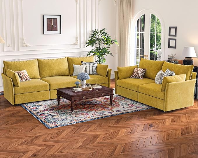 ABCASA Oversized Loveseat Sofa, Modern Modular Sectional Couch Yellow Fluffy Chenille Mid Century 2-Seat 24.5" Deep Seat for Apartment, Living Room, Bedroom