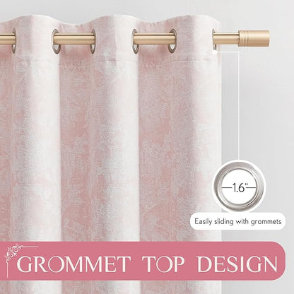 Beauoop Pink Floral Jacquard Blackout Curtains 84 Inches Long 2 Panels for Bedroom Living Room Chenille Flower Room Darkening Thermal Insulated Soundproof Grommet Window Treatments Drapes, 52x84