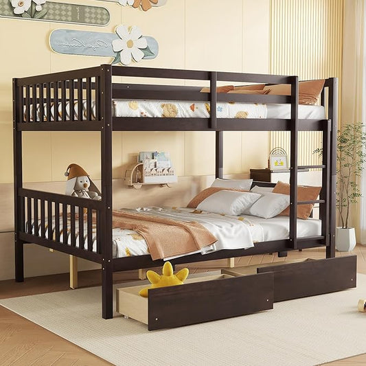 Full Over Full Bunk Bed with Storage Drawers,Convertible Bunk Beds with Ladder & Safety Guardrails,Full Size Bunk Beds for Kids Girls Boys,Espresso
