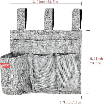 Zafit Linen Bedside Caddy, Bedside Storage Organizer for Hospital Beds, College Dorm Rooms or Baby Bed (4 Pockets-Grey)