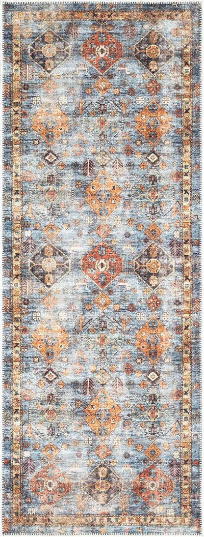 Bloom Rugs Washable Non-Slip 7 ft Runner - Blue/Orange Traditional Bordered Runner for Entryway, Hallway, Bathroom, and Kitchen - Exact Size: 2.5' x 7'