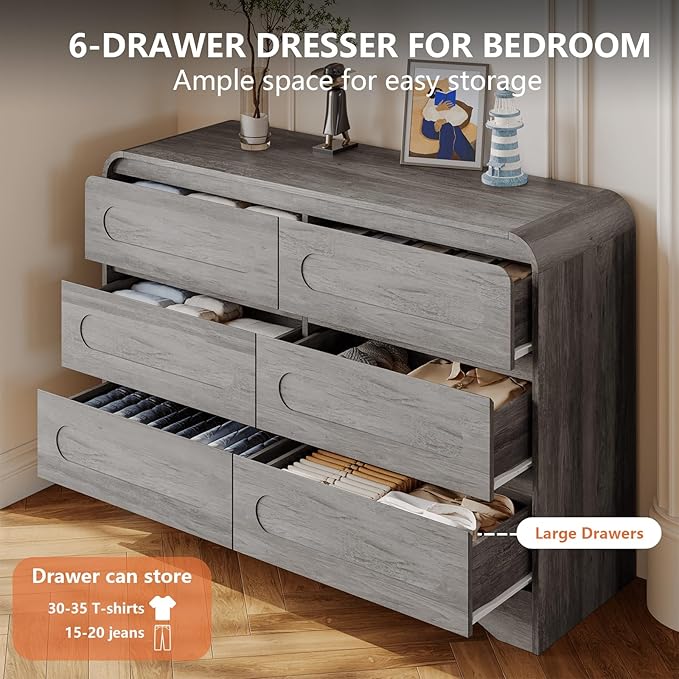 3 Piece Bedroom Set, Dresser and Nightstand Sets for Bedroom, Wood 6 Drawer Dresser & Night Stand Set of 2, Wide Chest of Drawers Modern Storage Cabinet Bedroom Furniture Set, Grey