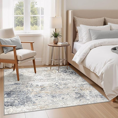 Square Area Rug Living Room Rugs - 6x6 Washable Large Soft Indoor Neutral Modern Abstract Low Pile Rug Carpet for Bedroom Dining Room Farmhouse Home Office - Beige Blue