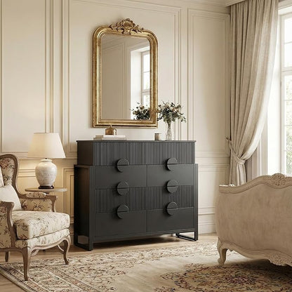 LGHM Fluted Dresser for Bedroom with 8 Drawers, Modern 8 Drawers Dressers with Semi-Cylindrical, Chest of Drawers Closet Organizers and Storage Clothes, 43" Tall Dresser with Bold Steel Frame, Black