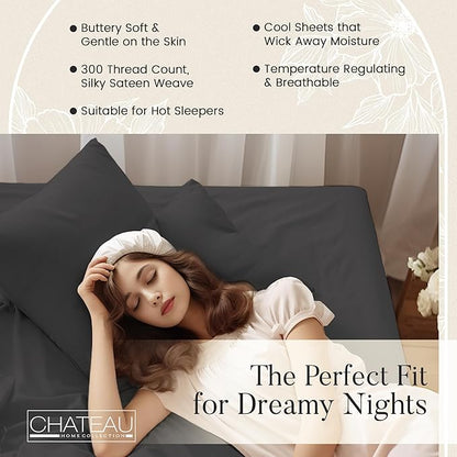 100% Cotton Sheets King Size Sheets Set with Fitted Sheet & Pillowcase Sets, Sateen Weave 4 piece Deep Pocket King Sheet Set, Soft & Comfy Naturally Cool Luxury Bedding- Charcoal