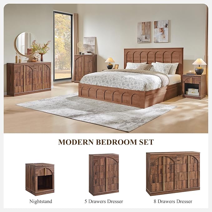 ACCOHOHO Large Dresser for Bedroom with 8 Drawers with Arched Panel,Modern Minimalist Chest of Drawers with Gold Handles,Wood Storage Closet Dressers Tv Stand for Living Room, Hallway,Brown