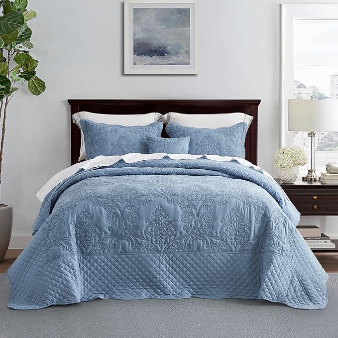 CHIXIN Bedspread Coverlet Set Queen Size - Lightweight Bedding Cover - Beautiful Stitching - 5 Piece Reversible Bedspread - Luxury Damask Paisley Pattern (Queen, Ashley Blue)