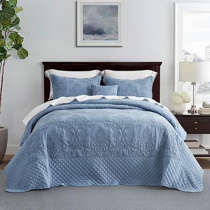 CHIXIN Oversized King Bedspread 128x120 Extra Wide - Lightweight Bedding Cover - Beautiful Stitching - 5 Piece Reversible Bedspread - Luxury Damask Paisley Pattern (King/Cal King, Ashley Blue)