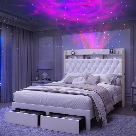 Full LED Bed Frame with 2 Storage Drawers, PU Upholstered Platform Beds with Galaxy Star Projector Charging Station Speaker, Aurora Bedframe with 2-Tier Storage Headboard, Noise-Free, White