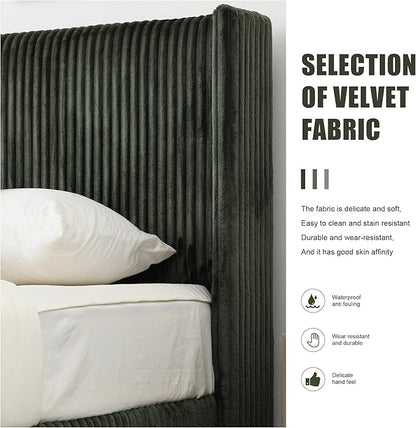 PINJU Full Size Bed Frame, Upholstered Platform Bed with Modern Vertical Striped Wingback Headboard with Wooden Slats, Easy to Assemble No Noise Free (Green, Full)