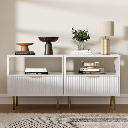 White Nightstand with Drawer, End Table with Storage, Bed Side Table with Open Space for Bedroom, Modern Nightstand with Golden Handle, Side Night Stand for Bedroom, Living Room, White