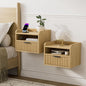 Fluted Floating Nightstand Set of 2, Wall Mounted Bedside Table with Storage Drawer and Open Shelf, Night Stand with Charging Station for Living Room, Bedroom, Dorm, Natural Oak