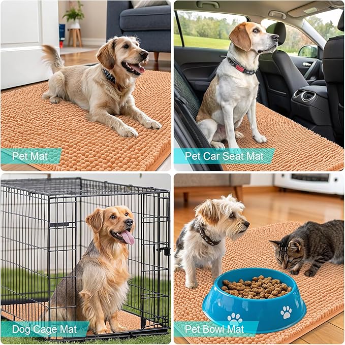OLANLY Dog Door Mat for Muddy Paws 36x24, Absorbs Moisture and Dirt, Absorbent Non-Slip Washable Doormat, Quick Dry Chenille Mud Mat for Dogs, Entry Indoor Entryway Carpet for Inside Floor, Orange