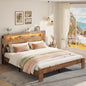 Wooden Bed Frame King Size with Storage Headboard - Farmhouse Platform Bed Frame with Bookcase Shelf & Led Lights, Sturdy Wood Slat Framework Bed Frame (Rustic Brown LED)