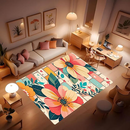 Machine Washable 5' x 8' Bohemian-Style Area Rug, Pink Floor mat, Suitable for bedrooms, Girls' Room Bedside, Living Room, Dining Room, Office, Non-Slip Low-Pile Printed Modern Floral Carpet