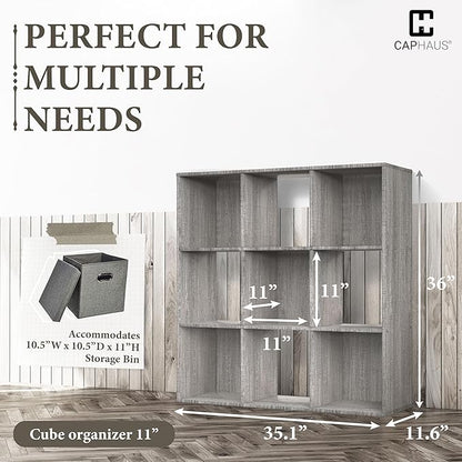 CAPHAUS Sturdy Room 11-Inch Cube Storage Organizer Shelf, with Thick Exterior Edge, Storage Shelf Divider w/Back, Bookcase, 9-Cube, Greige Oak