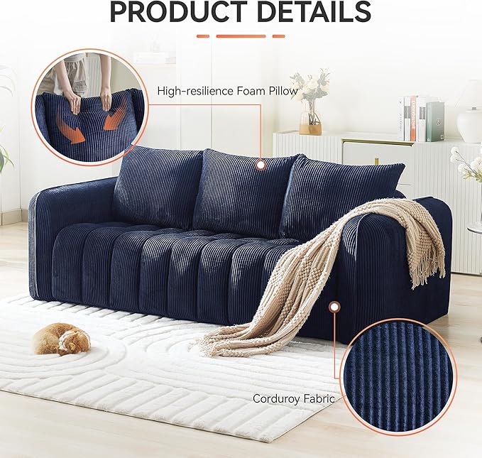 83'' Boneless Corduroy Sofa, Oversized 3 Seater Deep Seat Couch with Rounded Armrest, Modern Upholstered Cloud Sofa for Living Room, No Assembly, Navy