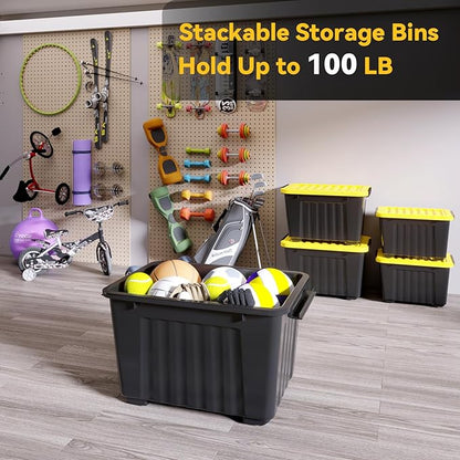 Nazhura 97 Quart Plastic Storage Bin, Stackable and Nestable Storage Boxes with Yellow Lids and Secure Latching Buckles, Large Storage Container (Black/Yellow, 97Quart-4Pack)