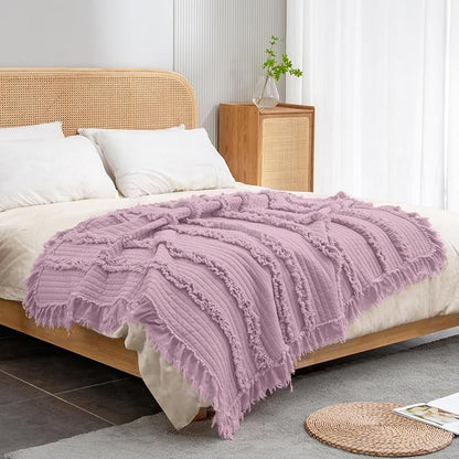 Ultra Soft Pre-Washed Warm Quilted Throw Blanket, Ruffle Fringed Purple Boho Decorative Throw, Stone Washed Chic Rustic Blanket for Sofa Couch Bed Chair, 50"x 60"