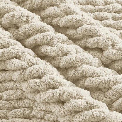 Carriediosa Chunky Knit Throw Blanket 60" X 80" Twin, 100% Hand Made Large Chenille Loop Yarn Soft Fluffy Throws for Couch Sofa Bed, Big Crochet Cozy Heavy Thick Cable Woven Blanket, Light Beige