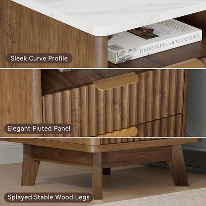 Fluted Nightstand with 2 Drawers, 18" Modern Night Stand with Faux Marble Top, Open Storage Shelf, Curved Edge Bedside Table for Bedroom, End Side Table (1, Walnut)