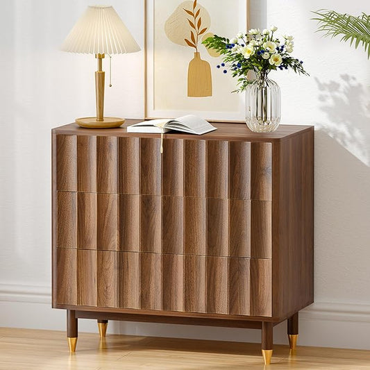 Fluted 3 Drawer Dresser, 31.5" Wide Modern Storage Chest of Drawers, Wood Drawer Organizer for Bedroom, Living Room, Hallway