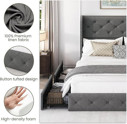 LARMACE Full Size Bed Frame with 4 Storage Drawers and Wingback Headboard Linen Upholstered Platform Bed Frame Tufted Beds with Wooden Slats Support, Easy Assembly, Light Grey