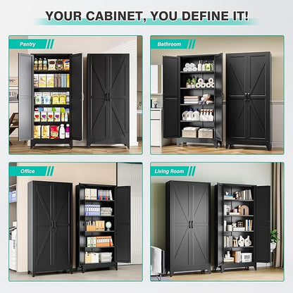 SISESOL 75" Tall Pantry Cabinet,Farmhouse Kitchen Pantry Storage Cabinets with 2 Doors and 4 Shelves,Black Metal Storage Cabinet,Large Cupboard for Home,Kitchen,Dining/Living Room