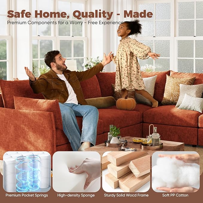ABCASA 135.5" Oversized Modular Sectional Sofa, L Shaped Convertible Couch with Movable Ottoman, 5 Seat Corner Couches for Living Room Deep Seat Terracotta Orange Chenille