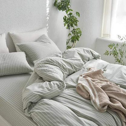 MooMee Striped Duvet Cover Set 100% Washed Cotton Linen Like Textured Breathable Durable Soft Comfy (Sage Green White Wide Stripes, Oversized Queen 98"x98")