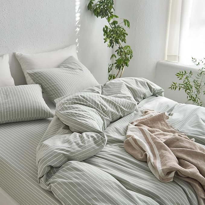 MooMee Striped Duvet Cover Set 100% Washed Cotton Linen Like Textured Breathable Durable Soft Comfy (Sage Green White Wide Stripes, Full 80"x90")