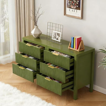 End Table with Storage, Wooden Farmhouse Nightstands with 6 Drawers, Bedside Table - Boho Tall Side Table Accent for Bedroom, Living Room, Green X2
