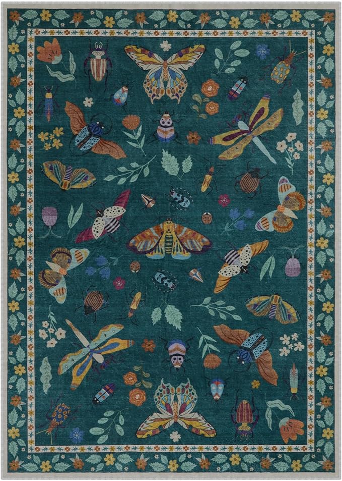Lahome Insect Print 5x7 Area Rugs for Living Room, Soft Washable Rugs for Bedroom Ultra-Thin Non Slip Modern Rug, Stain Resistant Throw Rug Carpet for Office Nursery Dining Room(5'x7',Dark Green)
