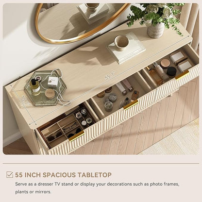 CARPETNAL Fluted 9 Drawer Dresser for Bedroom, 55" Wide Wooden Chest of Drawers with Rounded Corners, Gold Handles, Modern Storage Organizer for Bedroom, Hallway (Beige)