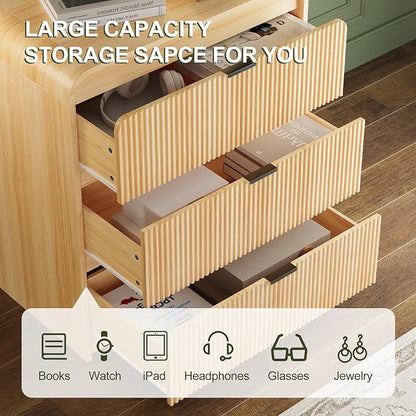 FURSUN 32" Tall Fluted Nightstand, 3 Drawers Wooden End Table w/Storage, Curved Profile Design, Modern Bedside Table for Bedroom, Natural Oak