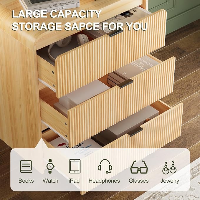 FURSUN 32" Tall Fluted Nightstand, 3 Drawers Wooden End Table w/Storage, Curved Profile Design, Modern Bedside Table for Bedroom, Natural Oak