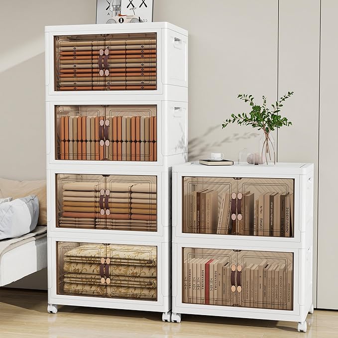 Storage Bins with Lids and Wheels, 660QT-165QT*4Tier Collapsible Bathroom Storage Cabinet with Clear Doors, Plastic Stackable Closet Organizers and Containers White