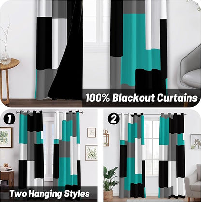 Teal/Turquoise 100% Blackout Curtains for Bedroom 72 inch Length 2 Panels Set White Grey Modern Abstract Geometric Black Out Curtains Room Darkening Window Drapes for Living Room, 52Wx72L