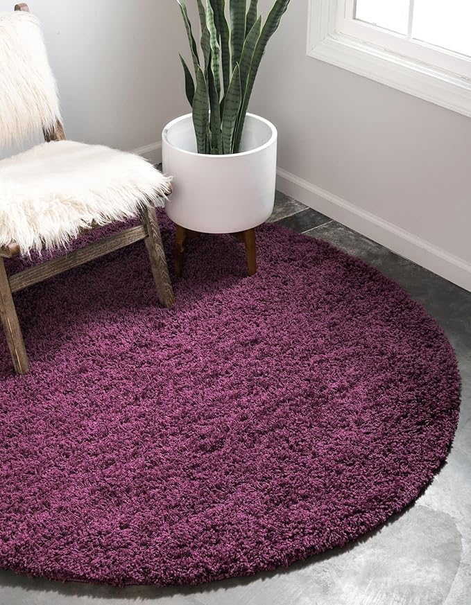 Unique Loom Solid Shag Collection Area Rug (5' 3" Round, Eggplant Purple)