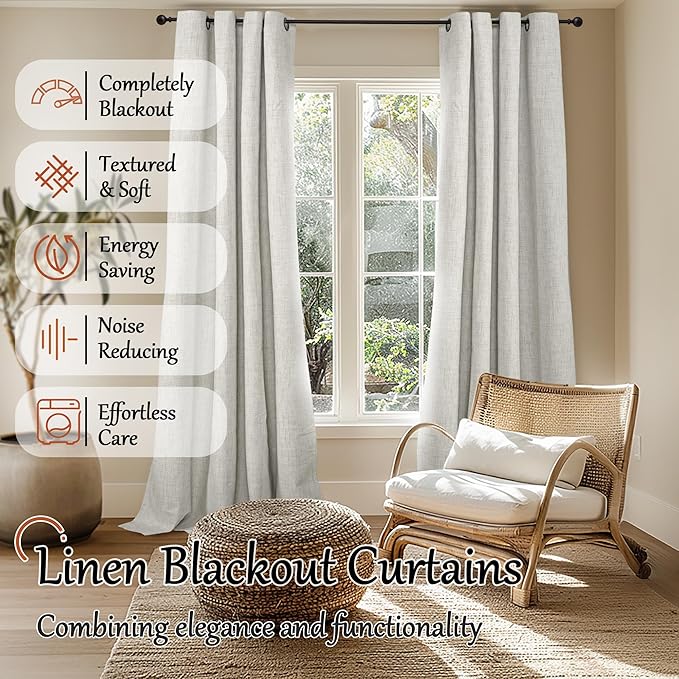 100% Blackout Curtains for Living Room 95 Inch Length 2 Panels Set, Thermal Insulated Light Blocking Faux Linen Curtains for Bedroom, Bronze Grommet Window Drape Each 52" Wide, Light Grey