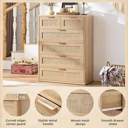 LEYAOYAO Rattan Dresser for Bedroom Set of 2, 41" Tall Chest of Drawers, Modern 6 Drawers Boho Dressers with Storage, Light Oak Dresser Wooden Closet Organizer for Living Room, Hallway, Natural Wood