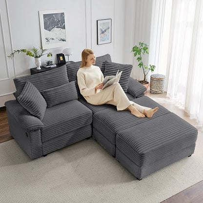 SUNWAVE 74" Double Chaise Lounge Chair Indoor, Oversized Loveseat with Storage Ottoman, Corduroy Couch with USB Charging, Removeable Ottoman, and Coffee Table Cushions for Living Room