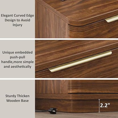 Nightstands Set of 2, Bedside Table with 3 Storage Drawers, 24" Tall Wood Night Stand with Charging Station, Modern Wide End Table Side Table W/Metal Handle Curved Profile for Bedroom