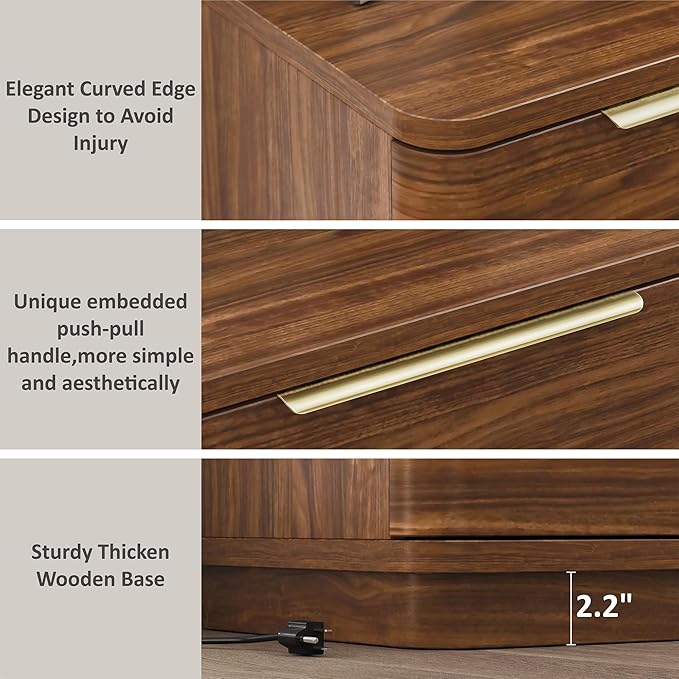 Nightstand Bedside Table with 3 Storage Drawers, 24" Tall Wood Night Stand with Charging Station, Modern Wide End Table Side Table W/Metal Handle Curved Profile for Bedroom