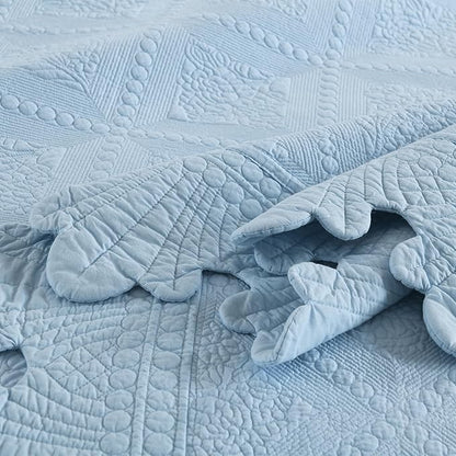 MarCielo 3-Piece 100% Cotton Oversized Bedspread Lightweight Quilt Coverlet Embroidery Farmhouse Bedding Set (TK Light Blue, Oversized Queen (100"x106"))