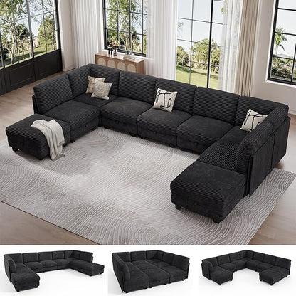 Modular Sectional Sofa with Adjustable Backrest, Large Convertible L/U-Shaped Sleeper Couch for Living Room, Cloud Sofa Bed Modern Reversible Design, Black