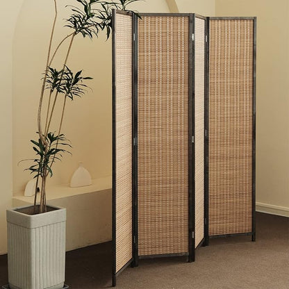 Furnnylane 4 Panel Bamboo Room Divider and Folding Panel Screen,Bamboo Panel Divider for Room Separation,Brown,67" H x 61.4" W
