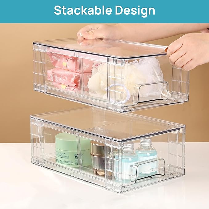 Vtopmart 10 Pack Stackable Storage Drawers,Clear Acrylic Drawer Organizers with Handles, Easily Assemble Containers for Fridge, Bathroom,Kitchen Undersink,Cabinet,Pantry Organization and Storage