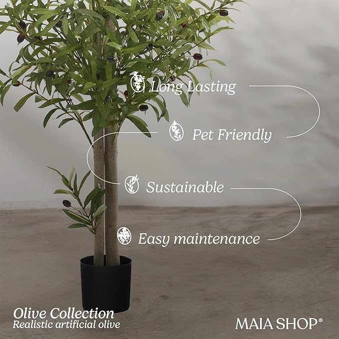 Maia Shop 3ft 5in Artificial Olive Tree Plant for House, Apartment or Office – Realistic Fake Indoor Plants for Living Room, Kitchen, Bedroom, Entryway or Bathroom – Faux Greenery for Home Décor