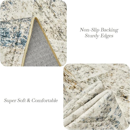 Washable Area Rug 8x10, Large Soft Rugs for Living Room Vintage 8x10 Area Rugs for Bedroom Dining Room Non-Slip Stain Resistant Under Table Blue Ivory Rug